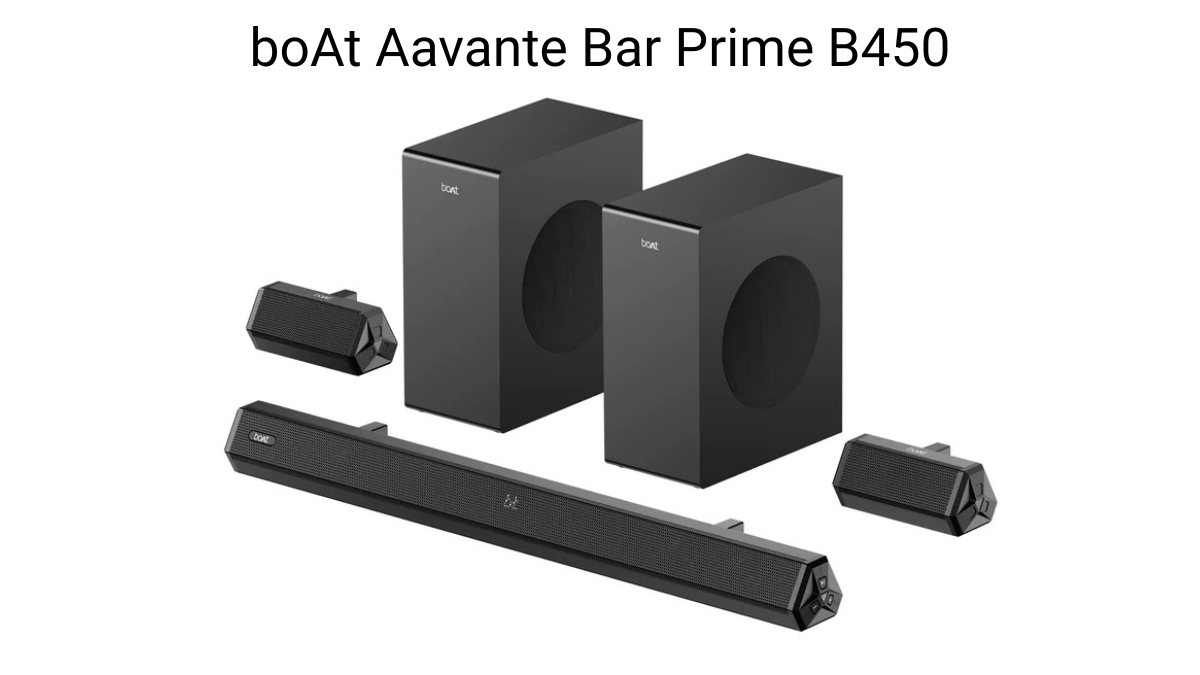 Dual subwoofer audio systems from boAt start at 9999 rupees 1 Black soundbar unit flanked by twin satellite speakers with two tall subwoofers behind setup.