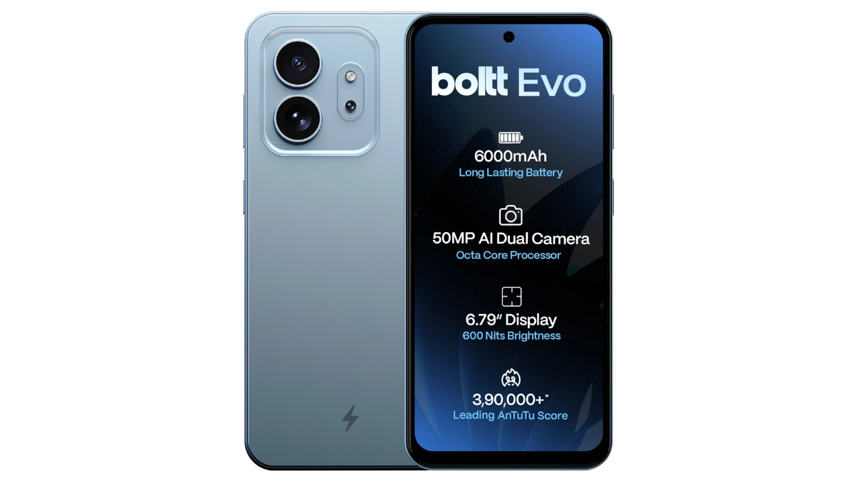 Entry-level Boltt Ace 5G and Evo debut from ₹9,999 in India 1 Light blue rear panel next to front punch-hole display showing Boltt Evo specifications smartphone.