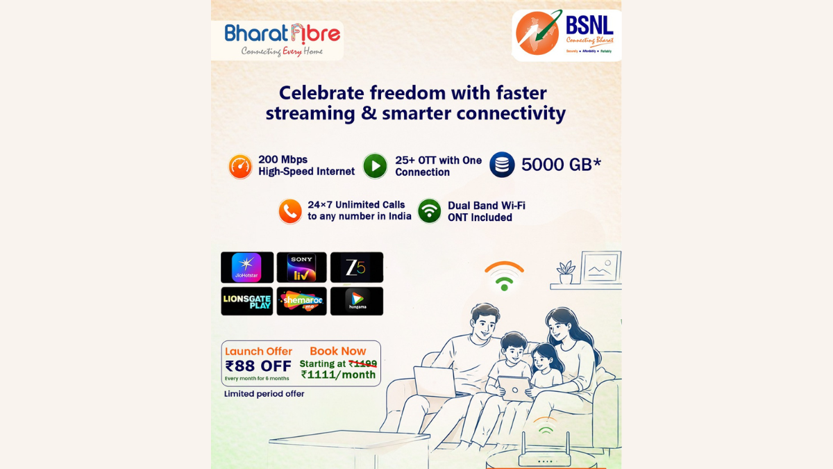 High-capacity broadband pairs with a new domestic manufacturing pact 2 Line illustration of family on sofa below BSNL Fiber Super Plus OTT Plan specification icons.