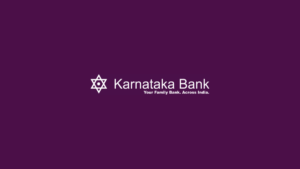 White star emblem, Karnataka Bank logo, and tagline against a purple background for Capital Gains Account Scheme.