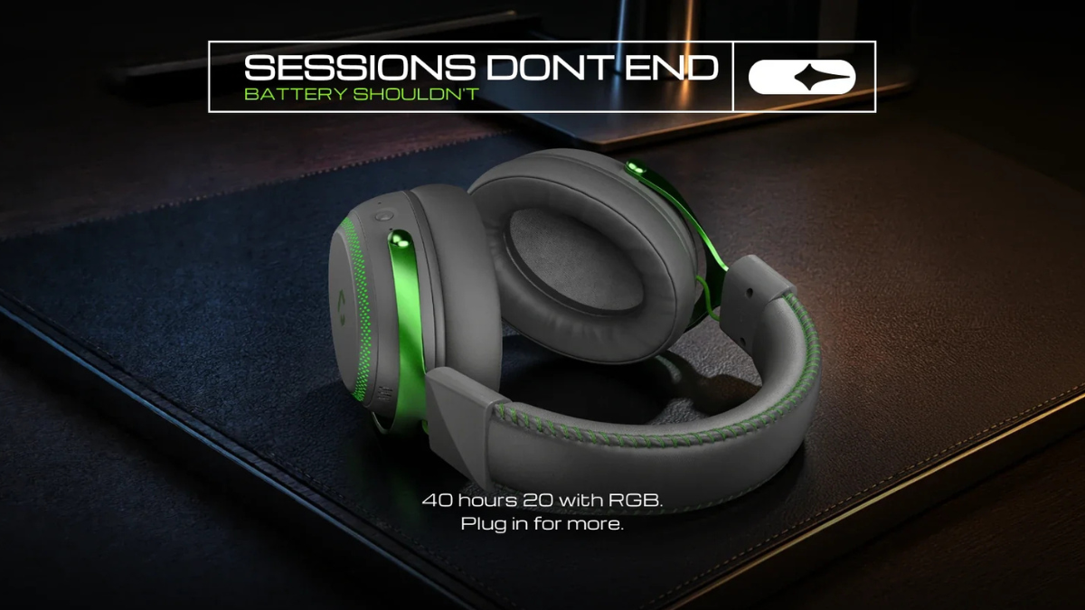 The Clutch HP-P01 headset launches at an effective Rs 3,999 1 Grey headband with green stitching, green metallic hinges, padded ear cushions resting on a dark desk mat.