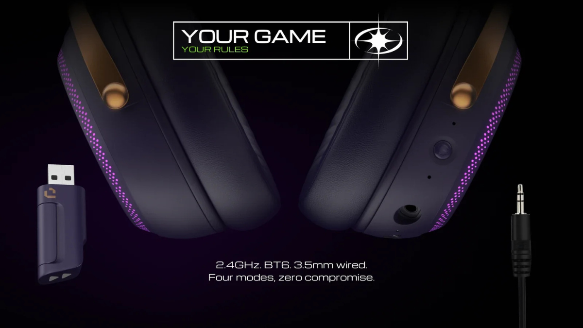 The Clutch HP-P01 headset launches at an effective Rs 3,999 2 Wireless USB dongle, dark ear cups with illuminated edges, 3.5mm audio jack connector, black backdrop.