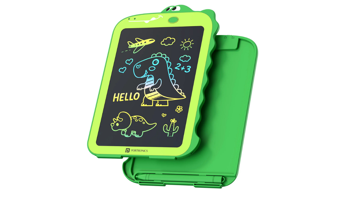 Digital drawing pads for children hit the market starting at Rs 499 1 Green dinosaur shaped slate showing colourful illustrations in front of green rear panel toy.