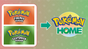 Pokémon FireRed and LeafGreen logos on left pointing via green arrow to Pokémon HOME logo on right graphic.