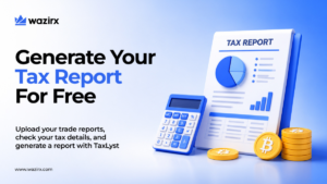 Text on left, blue digital calculator, gold bitcoin coins, and tax report clipboard graphic on light blue background.