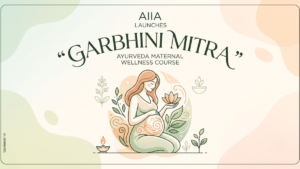 Diyas, an illustrated pregnant woman holding a lotus, and Garbhini Mitra course text on pastel background banner.