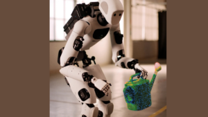 White humanoid robot crouching down to lift a colourful textured watering can, powered by Gemini Robotics 2 system.