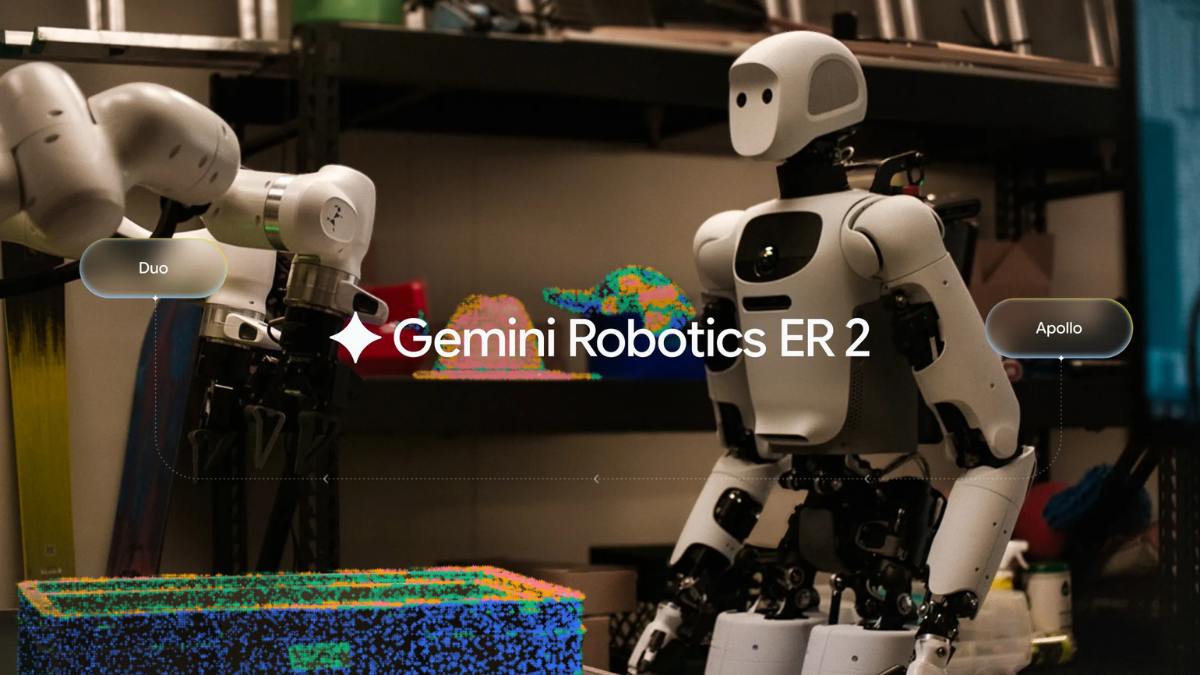Whole-body motor control arrives in physical AI via Gemini Robotics 2 1 A robotic arm labeled Duo, Gemini Robotics ER 2 text overlay, and a white Apollo humanoid robot in a workshop.