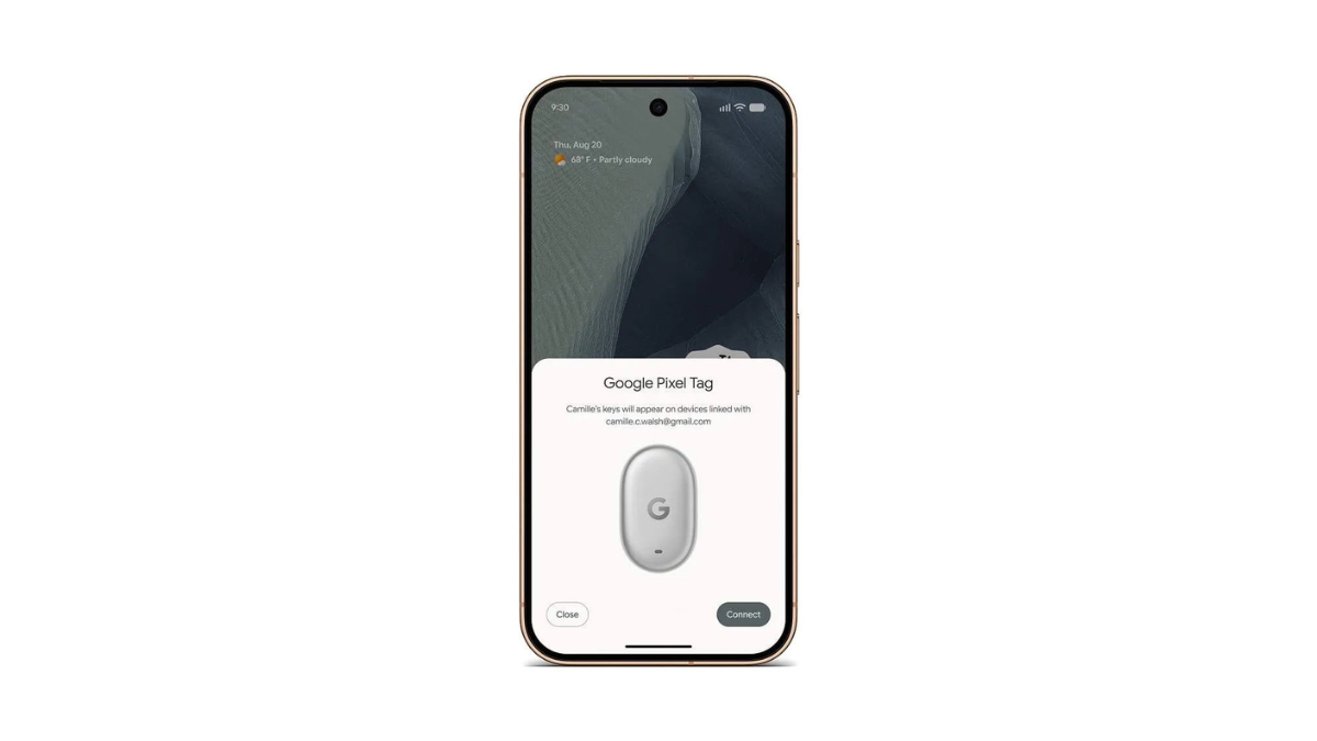 Turn-by-turn directional tracking arrives on the Google Pixel Tag 2 Smartphone display showing automatic Google Pixel Tag Fast Pair pop-up prompt with connect button interface.