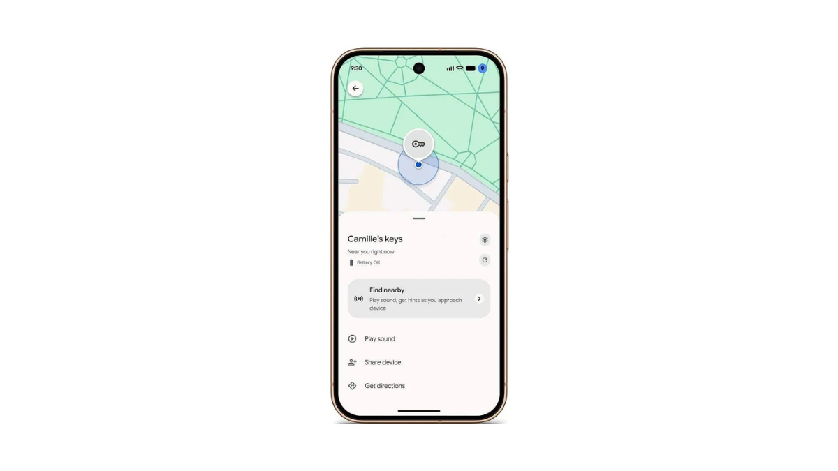 Turn-by-turn directional tracking arrives on the Google Pixel Tag 3 Smartphone screen displaying Find Hub map interface with location pin, play sound option, and battery indicator software.