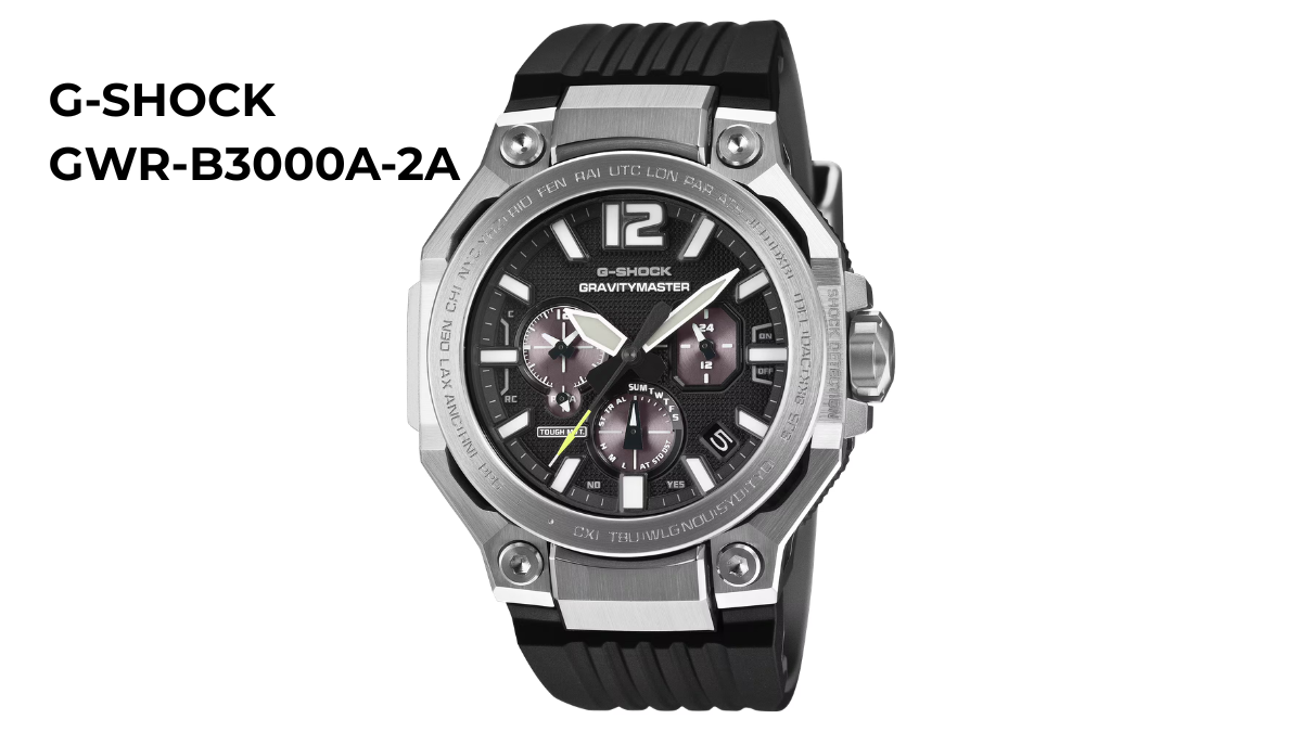 Text reading GWR-B3000A-2A, metallic watch bezel, black dial with three sub-dials, and black urethane strap display.