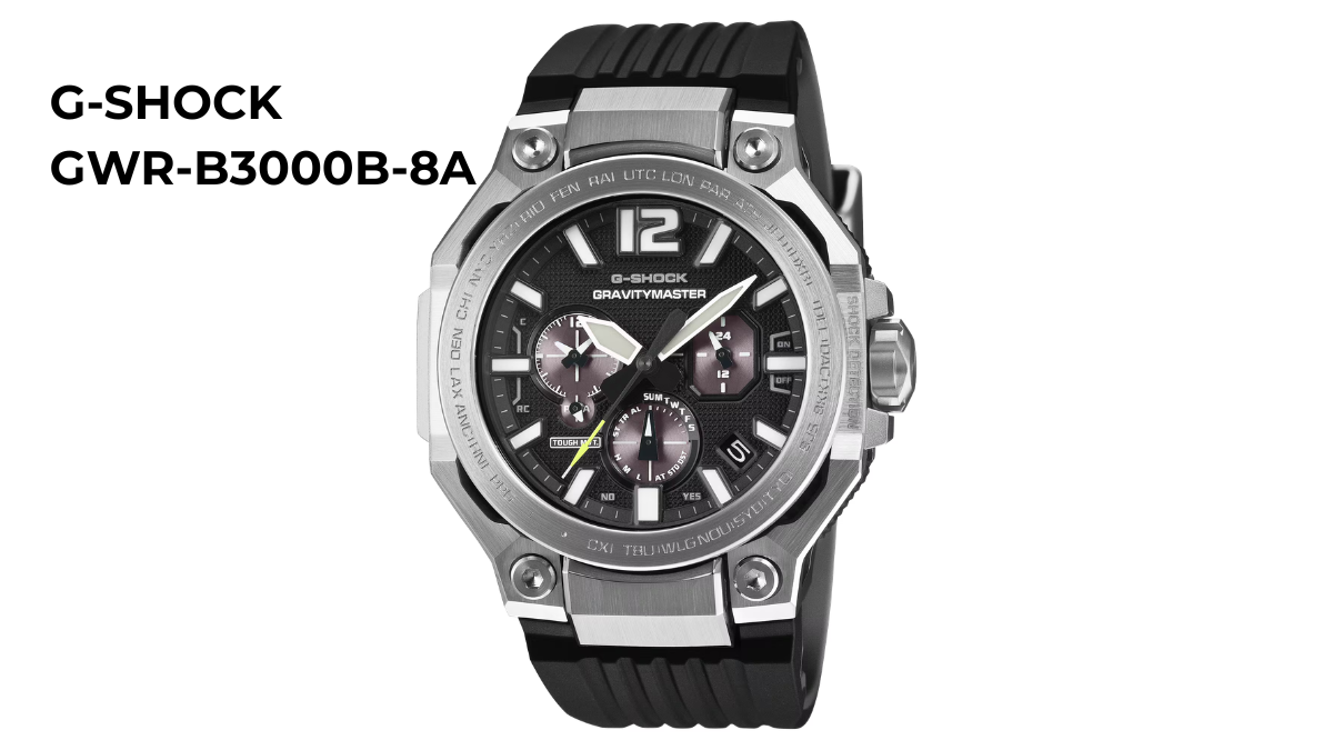 Text reading GWR-B3000B-8A, round watch dial with oversized indexes, three sub-dials, and black strap accessory.
