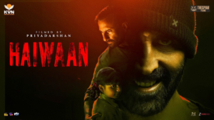 Red Haiwaan title text beside a young girl, Saif Ali Khan, and Akshay Kumar wearing a black beanie poster.