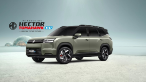 Logo and dome structure on left, green Hector Tomahawk EV SUV in foreground, light sky in background exterior.