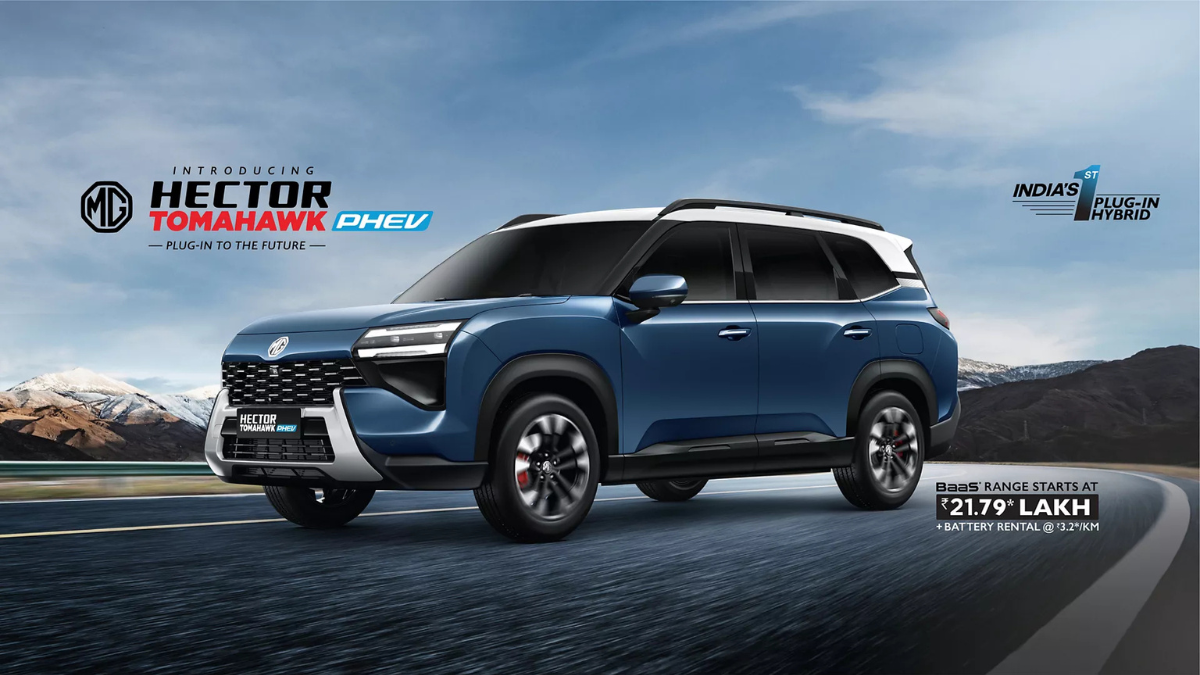 New Hector Tomahawk EV battery rental option starts at Rs 13.99 lakh 1 Road on left, blue Hector Tomahawk PHEV SUV with white roof in foreground, mountains in background exterior.
