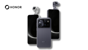 Silver Honor Robot Phone with raised camera, gray back in center, and dark phone with elevated camera module smartphone.