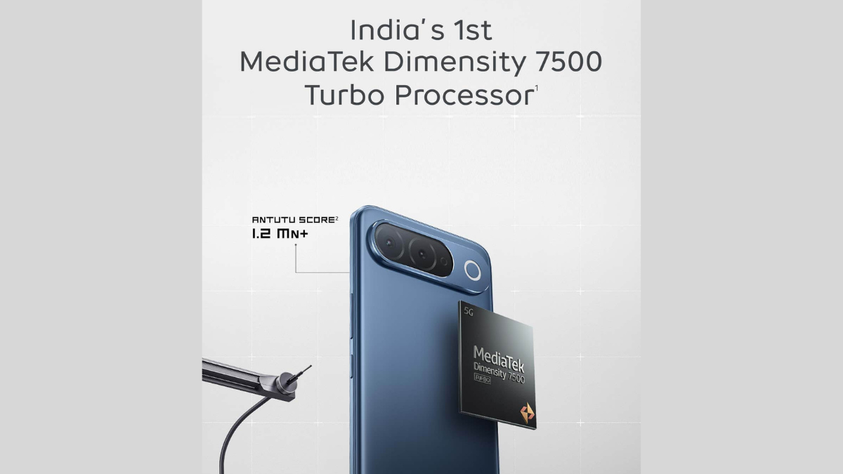 Upper Mid-Range iQOO Z11 Launches in India at Rs 34,999 1 Score text on left, blue phone rear with camera bar and floating Dimensity processor chip smartphone.
