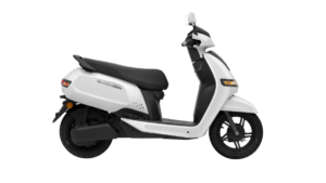 Rear wheel, seat, Pearl White TVS iQube 2.3 kWh side panel, handlebar, and front wheel against a white background.