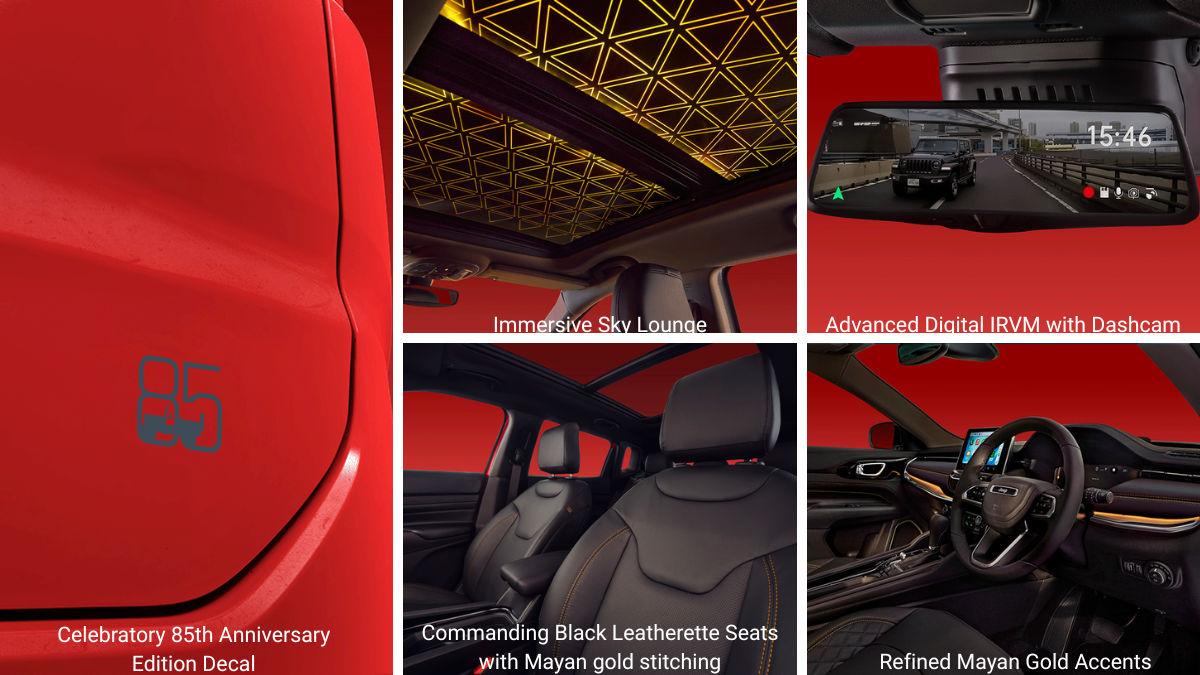 Panels showing red door decal, lit patterned sunroof, digital rearview mirror, black seats, and gold dashboard interior.
