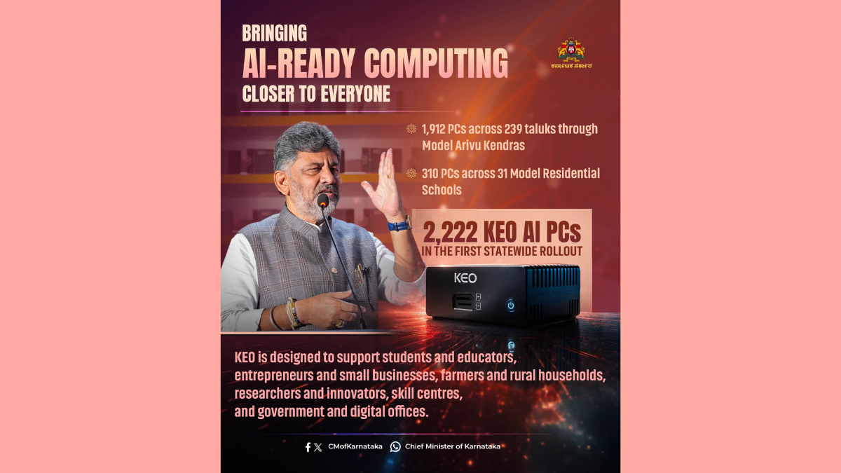 Speaker gesturing at podium microphone, black desktop hardware unit, rollout statistics box, and presentation graphic.
