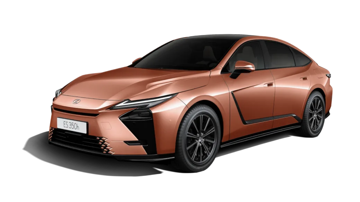 Executive hybrid sedan brings 14-inch screen at ₹66.10 lakh 1 Front lower grille, ES 350h badge, slim LED headlamp, multi-spoke alloy wheel, and windscreen on copper sedan.