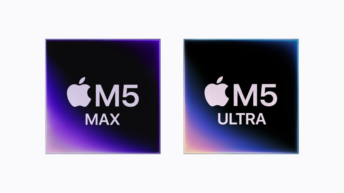 Square M5 Max chip on left and M5 Ultra chip on right with purple and blue gradients on white background silicon.