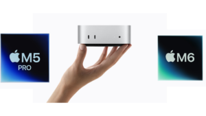 M5 Pro badge, hand holding silver Mac mini, and M6 badge against a plain white background hardware.