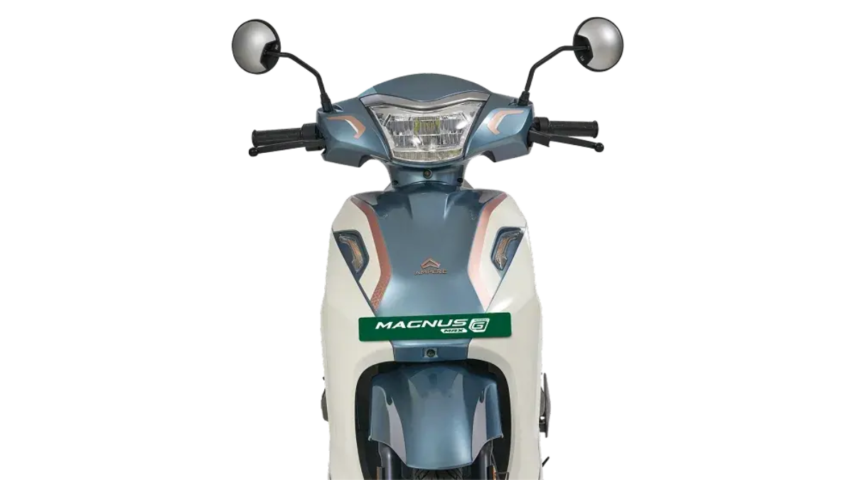 Front profile showing circular mirrors, central headlight, and front apron badge of the scooter on a white background.