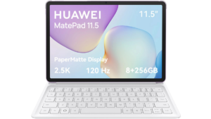 White keyboard in foreground attached to Huawei MatePad 11.5 PaperMatte Edition displaying spec details on screen.
