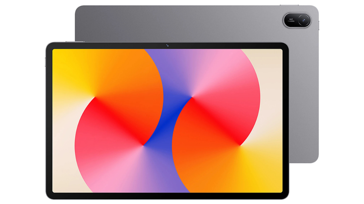 Eye-comfort displays anchor a pair of new Indian tablets 1 Front display screen with colourful wallpaper positioned before a dark grey rear metal body with camera module.