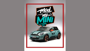 Mod My MINI logo above a light blue MINI Cooper with orange mirror caps and door decals in a grey studio setting.