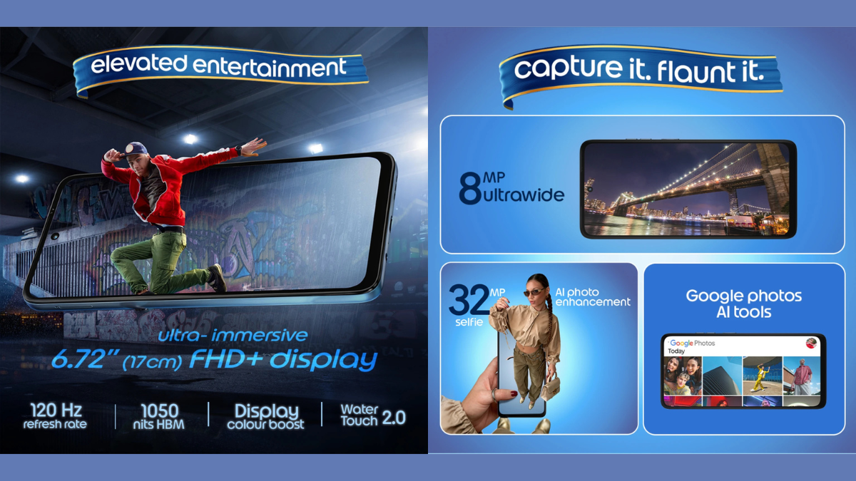 Display panel with rain graphic, landscape photo on horizontal screen, portrait selfie view, gallery interface.