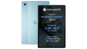 Light blue rear panel beside front screen displaying text on the Moto Pad 70 tablet.