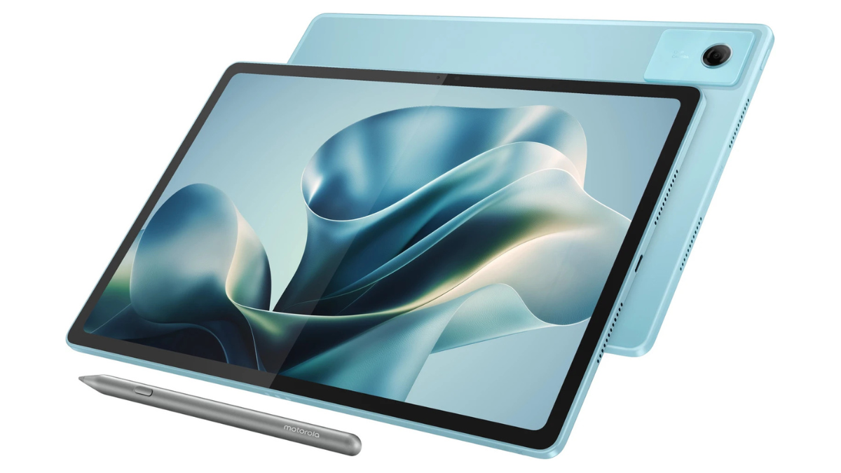 Grey stylus pen in foreground with light blue tablet screen and rear camera module behind display.