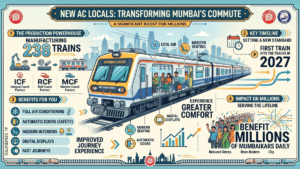 Factory details, cutaway Mumbai AC local train with passengers, timeline text, and city skyline silhouette infographic.