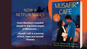 Promotional text beside book cover showing illustrated woman holding files and man in blue shirt before city lights novel.