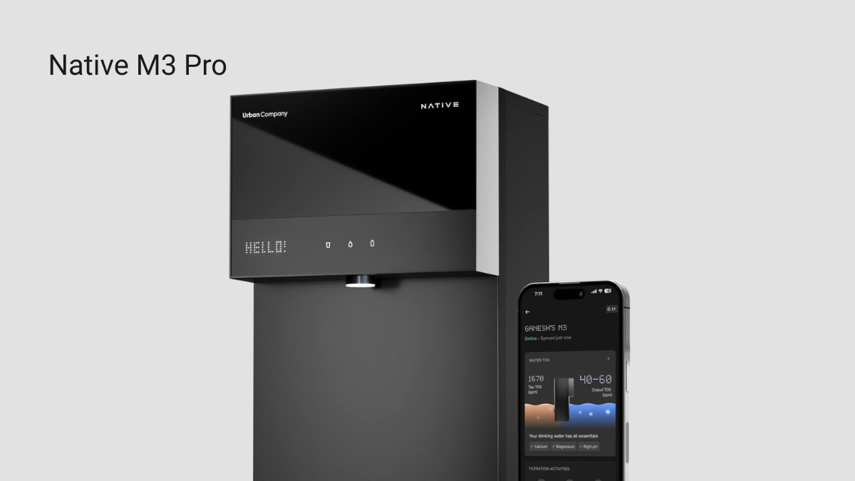 Zero maintenance hardware arrives via the Native M3 1 Matte black Native M3 Pro water purifier with dot matrix screen reading HELLO beside a smartphone display.