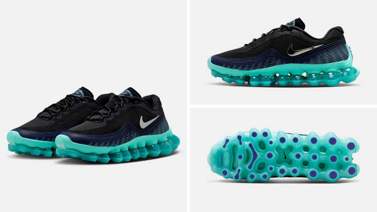 Point-loaded cushioning lands on the Air Liquid Max 1 Front pair view top side profile with silver Swoosh and bottom outsole with circular cushioning pods in turquoise footwear.