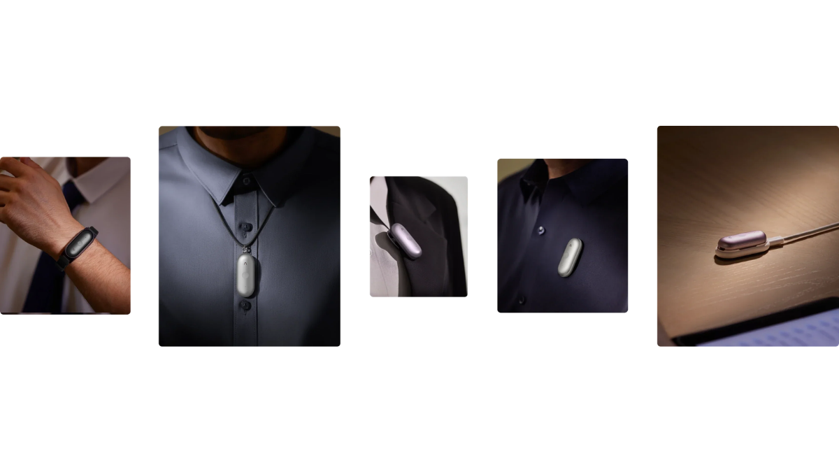 AI voice recorders Note Pro and NotePin S debut in India 1 Black wristband, silver lanyard, purple clip, silver pin on shirts, and charging dock showing NotePin S hardware.