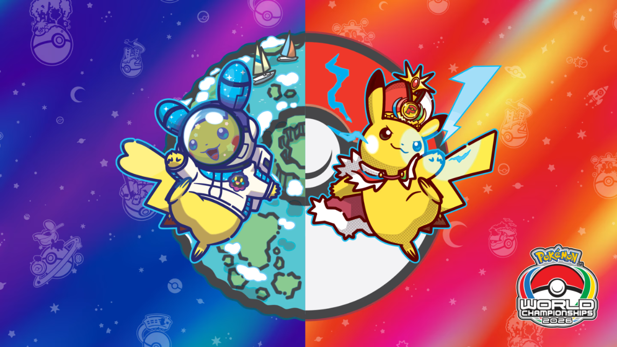 Classic Kanto titles gain cloud transfer support this October 2 Astronaut Pikachu in space on blue background left of crowned Pikachu on red with 2026 Worlds logo artwork.