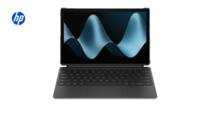 Trackpad and full keyboard in foreground below a display with blue wave art and an HP logo, HP OmniPad 12 slate.