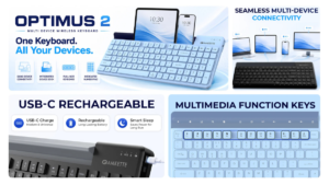 Light blue Amkette Optimus 2 holding tablet and phone, black keyboard charging via USB-C, blue keys close-up banner.