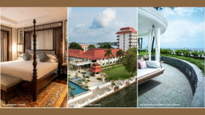 Four-poster bed at Taj Coromandel, waterfront resort pool, and outdoor hanging daybed overlooking the sea, hospitality.