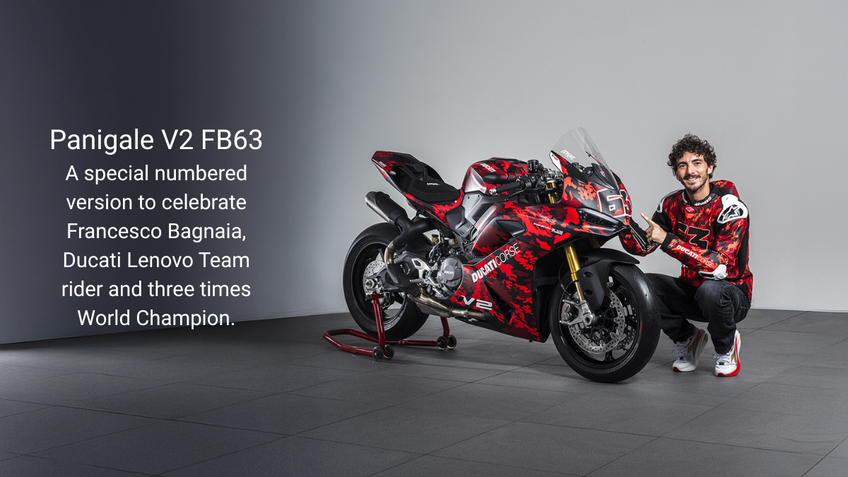 Four exclusive Panigale superbikes open for booking in India 2 Francesco Bagnaia crouching next to a camouflage red Panigale V2 FB63 on a rear stand motorcycle.