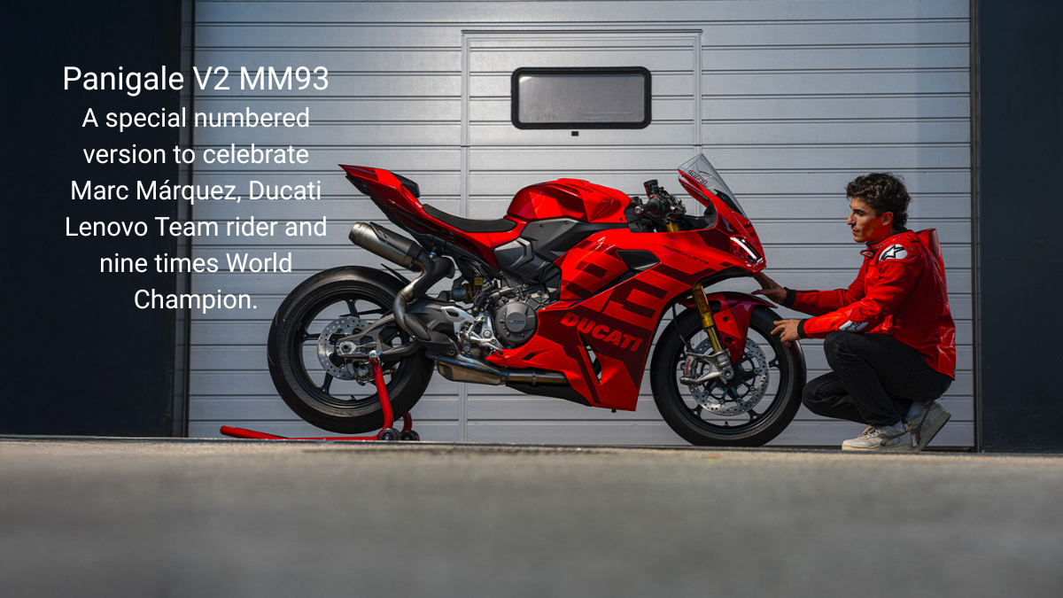 Four exclusive Panigale superbikes open for booking in India 1 Marc Márquez in a red jacket kneeling beside a red Panigale V2 MM93 superbike outside a garage motorcycle.