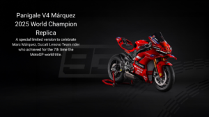 Red Panigale V4 Márquez 2025 World Champion Replica on a rear stand against a dark studio background motorcycle.