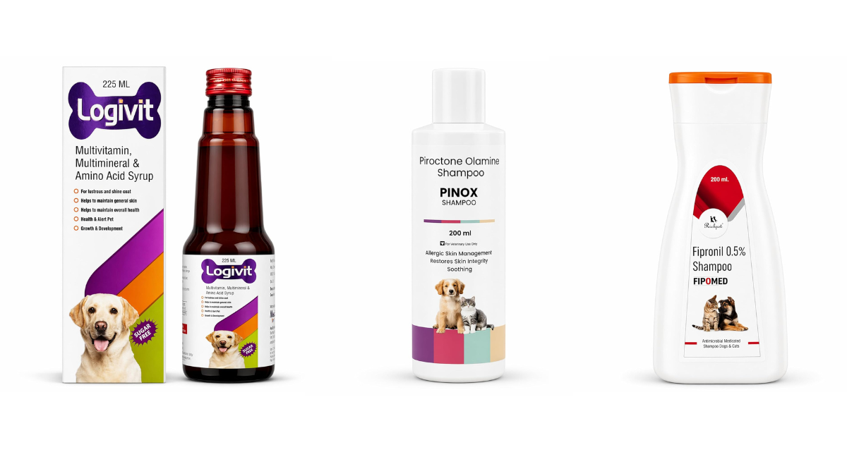Six botanical pet care products arrive on Amazon India 1 Dark Logivit multivitamin bottle, Pinox medicated shampoo bottle, and Fipomed flea shampoo bottle standing on white surface.