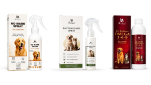 Richpet No-Mark spray, Bactraguard spray bottle, and Fur Radiance Omega bottle standing beside boxes on white backdrop.