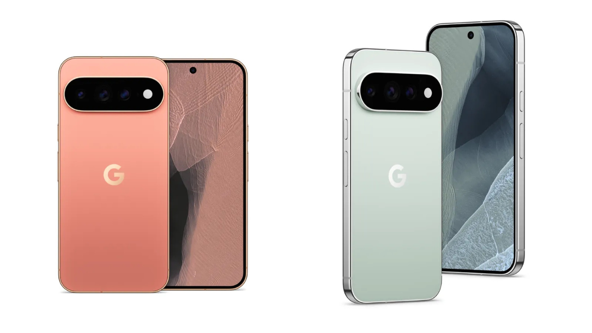 Glowing camera alerts land on the new Pixel 11 series in India 1 Pink phone rear and front beside light green phone rear and front device.