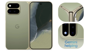 Olive Pixel 11 Pro Fold back cover and front display alongside top hinge close-up and rear camera module.